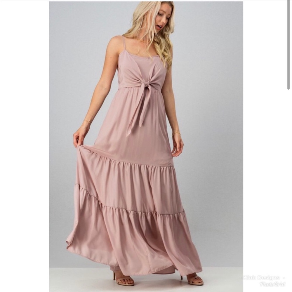 NWT Ruffled tiered maxi dress w/ knotted front Pale Pink - Picture 3 of 6